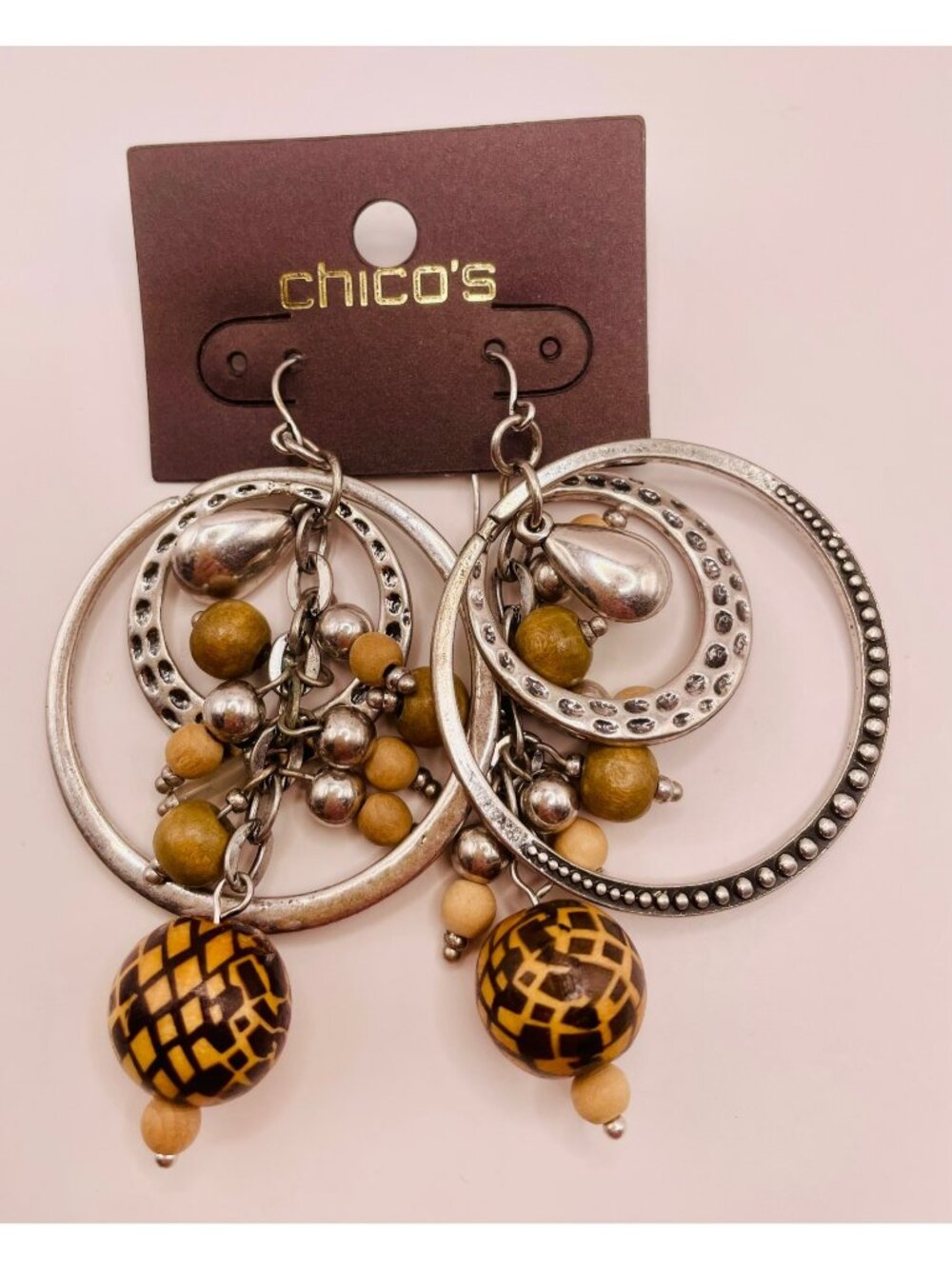 Chico's Silver-Tone Hoop Earrings Earthtone Beads & Dangles Boho -114B